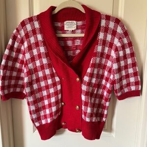 Vintage Gingham Plaid Short Sleeve Double Breasted Sweater